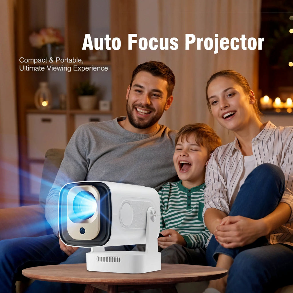 Family sitting in a living room with a Magcubic HY310 Auto Focus Projector on a table.