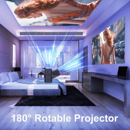 Modern living room with a 180-degree rotatable projector displaying images on the ceiling.