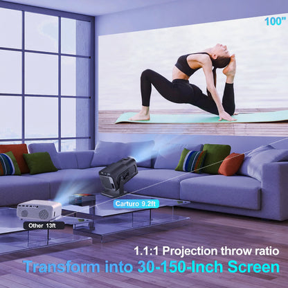 Living room with a large screen displaying a woman exercising, projector on a table, and promotional text about projection ratio.