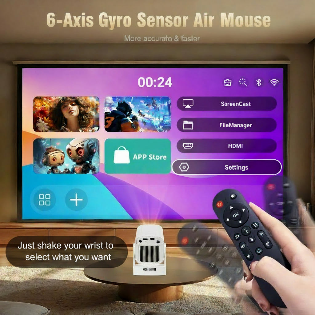 6-Axis Gyro Sensor Air Mouse with remote control in front of a screen displaying app store interface.